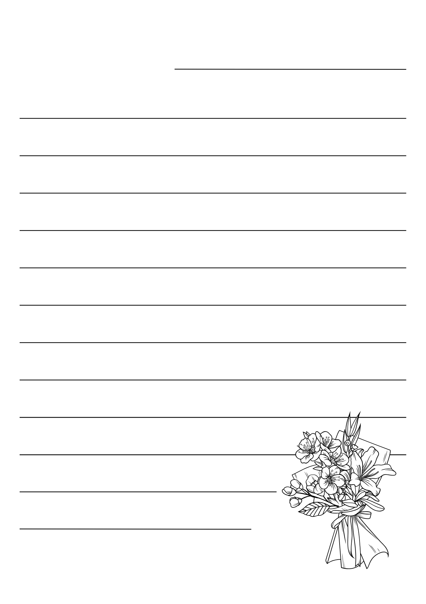 Lined paper with a bouquet of flowers at the bottom right corner